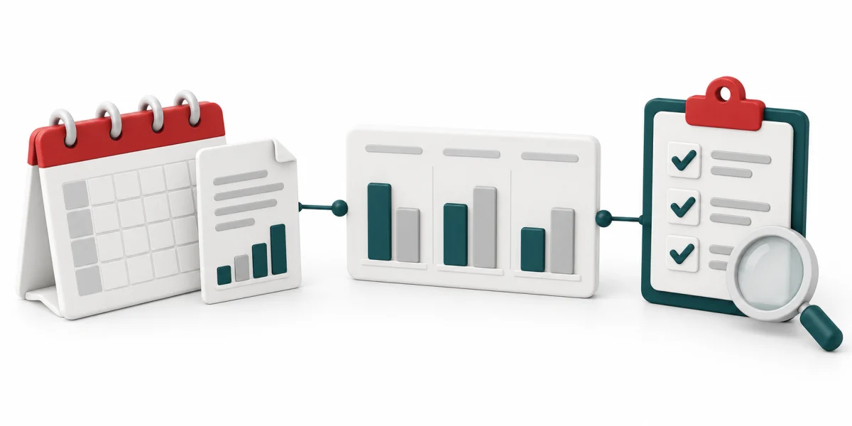 Reporting calendar and source report connected to comparison charts and a validation checklist.
