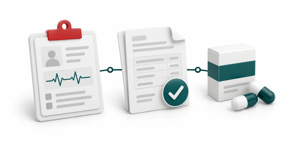Patient record, billing review and pharmacy supplies connected in sequence.